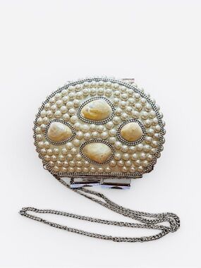 Vintage Pearl Shell Minaudiere Clutch Bag Purse Silver Chain